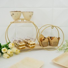 2 Tier Gold Natural Round Metal with Wood Geometric Floating Shelf Decorations