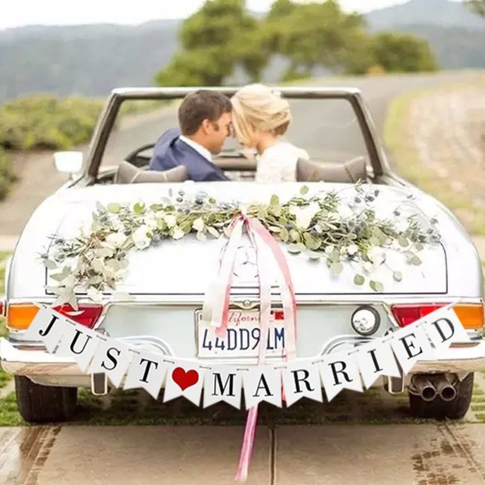 JUST Married Wedding Banner Set, Decorations for Reception, Red