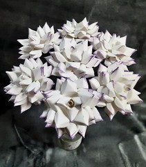 3 Handmade Paper Flowers on stems (White w/Purple tips) for Wedding, Valentine’s