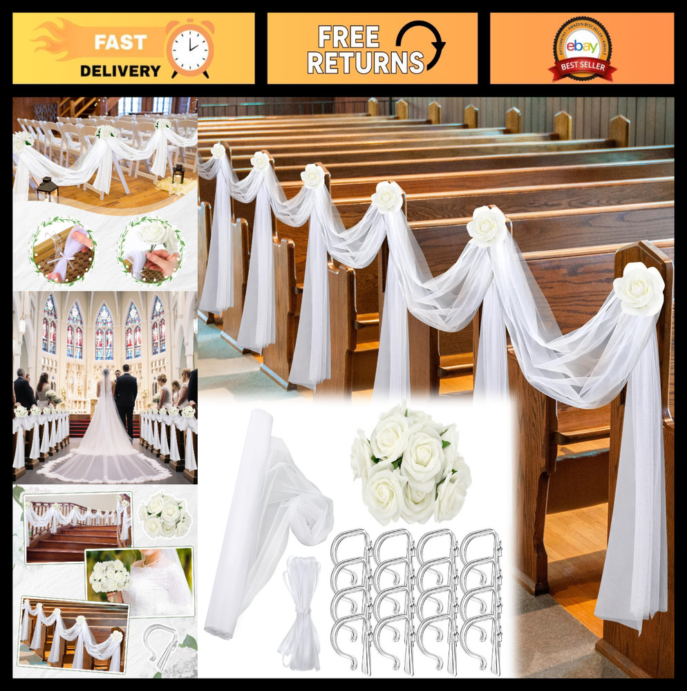 34 Pcs Wedding Aisle Pew Decor Set – Tulle Flowers, White Ceremony Decorations