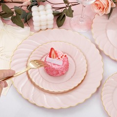 YOUBET 125Piece Pink Plastic Plates with Gold Rim – Scalloped Plastic Plat