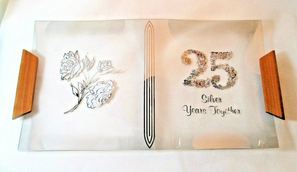 SILVER ANNIVERSARY (25 YEAR) GLASS SERVING TRAY 15″ X 8″ USA SELLER