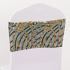 5 HUNTER GREEN GOLD Mesh Embroidered Sequins CHAIR SASHES Party Events
