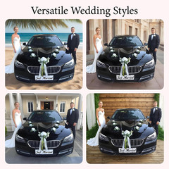 Elegant Wedding Car Decoration Set with White Flowers and Ribbon Bow