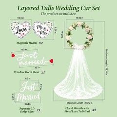 Just Married Car Decorations Set – White Floral Wreath with Long Tulle, Static-C