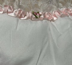 Lace Heart-Shaped Pillow. White With White Lace and Pink Trim. 9”x7”