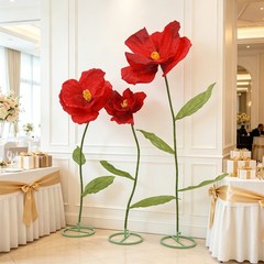3 Pack Large Burgundy Artificial Corn Poppy Flowers, Freestanding Floral Decor