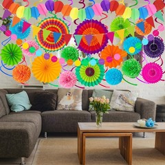 33Pcs Fiesta Decorations Cinco De Mayo Decorations Multi-Color Paper Fans Gar…