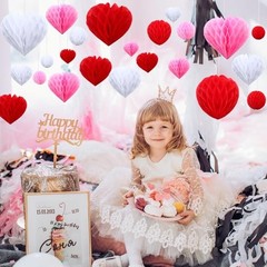 36 Pcs Valentine Heart Honeycomb Decorations Pom Poms Pink, Red, White
