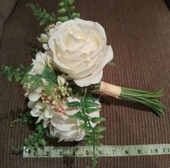 Ivory White Bouquet-5 Cabbage Roses, Hydrangea, Small Accent Berries, Greenery
