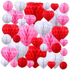 36 Pcs Valentine Heart Honeycomb Decorations Pom Poms Pink, Red, White