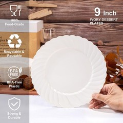 U-QE 100 Count 9 Inch Ivory Plastic Plates for Party – Scalloped Disposable D…