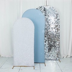 3 DUSTY BLUE SILVER Assorted Fitted Round Top Arch Backdrop STAND COVERS Set