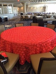 120″ Round Satin Rosette Tablecloth – Coral (1pc/pk) wedding decor