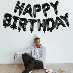 Mylar Foil Happy Birthday Banner – 16 Inch Black Balloons, Birthday Sign, Par…