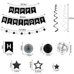 69Pcs Birthday Decorations Black Happy Birthday Banner Balloons Paper Fans Ho…