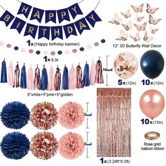 Rose Gold and Navy Blue Birthday Party Decorations with Happy Birthday Banner…
