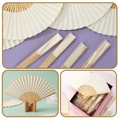 Qunclay 150 Pcs White Paper Hand Fans Bulk Bamboo Folding Handheld Wedding Fa…
