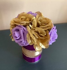 Golden Rose centerpiece embellished with satin and rhinestone ribbon…you pick co