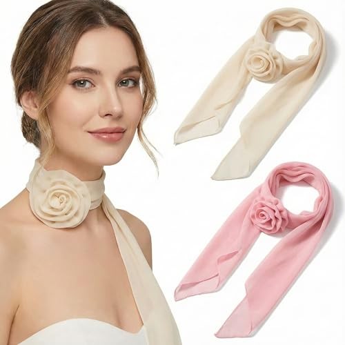 HOYDATE 2 Pack Women’s Chiffon Rose Scarf – Lightweight Floral Neck Scarf with