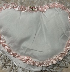 Lace Heart-Shaped Pillow. White With White Lace and Pink Trim. 9”x7”