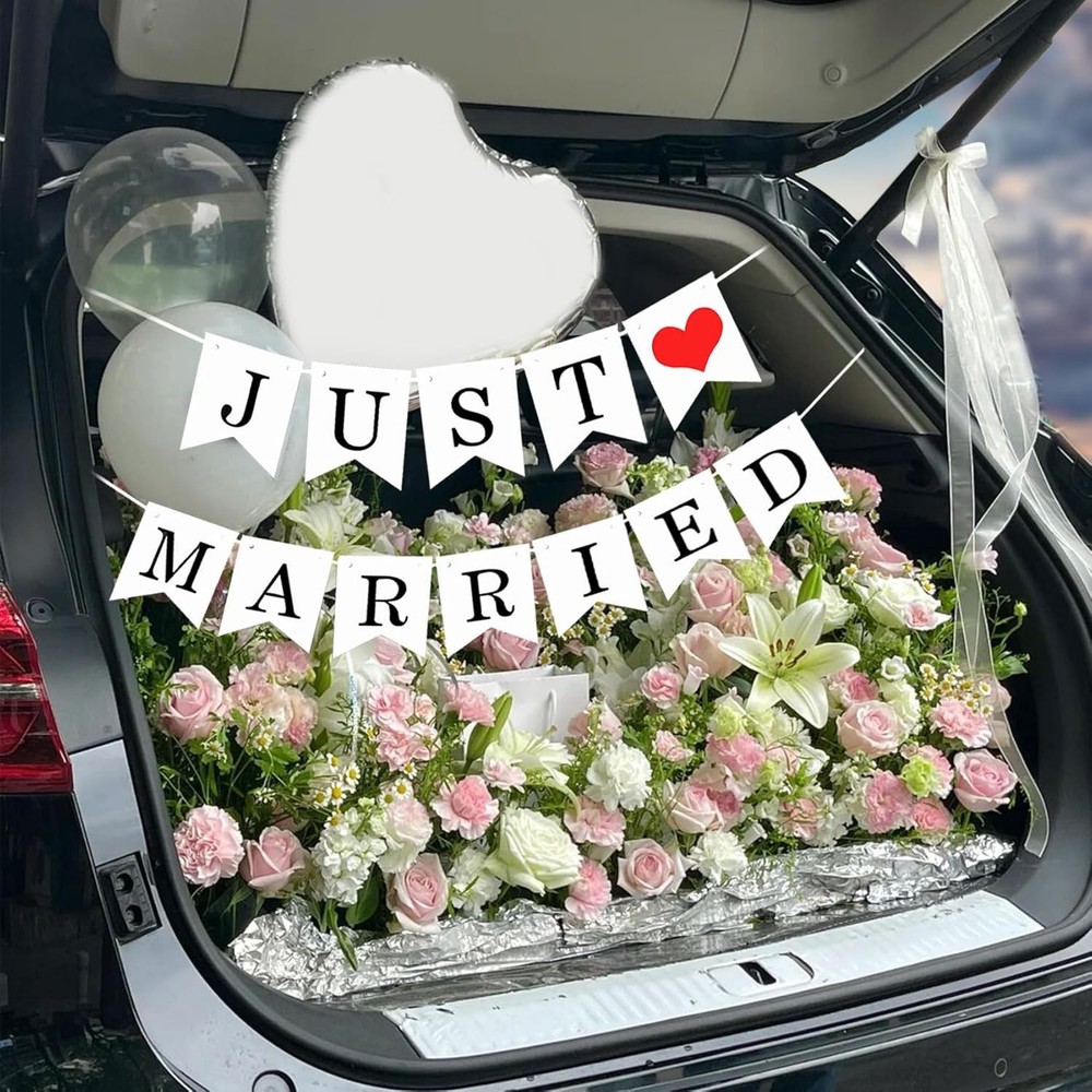 Just Married Car Decorations Sign Wedding Banner Set Car Sign Decor Ribbon