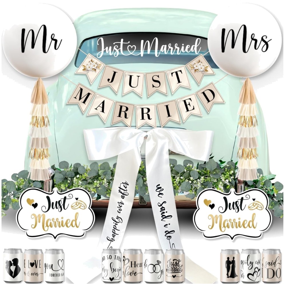 Just Married Banner, Magnets, Garland – 33 Pc