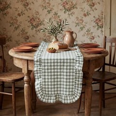 Tegeme Gingham Table Runner 12”x71” Cotton Ruffle Checkered Olive Green Plaid