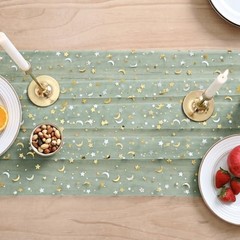 Gauze Stars Moon Table Runner 10FT, Glitter Metallic 28″ x 120″ Sage Green