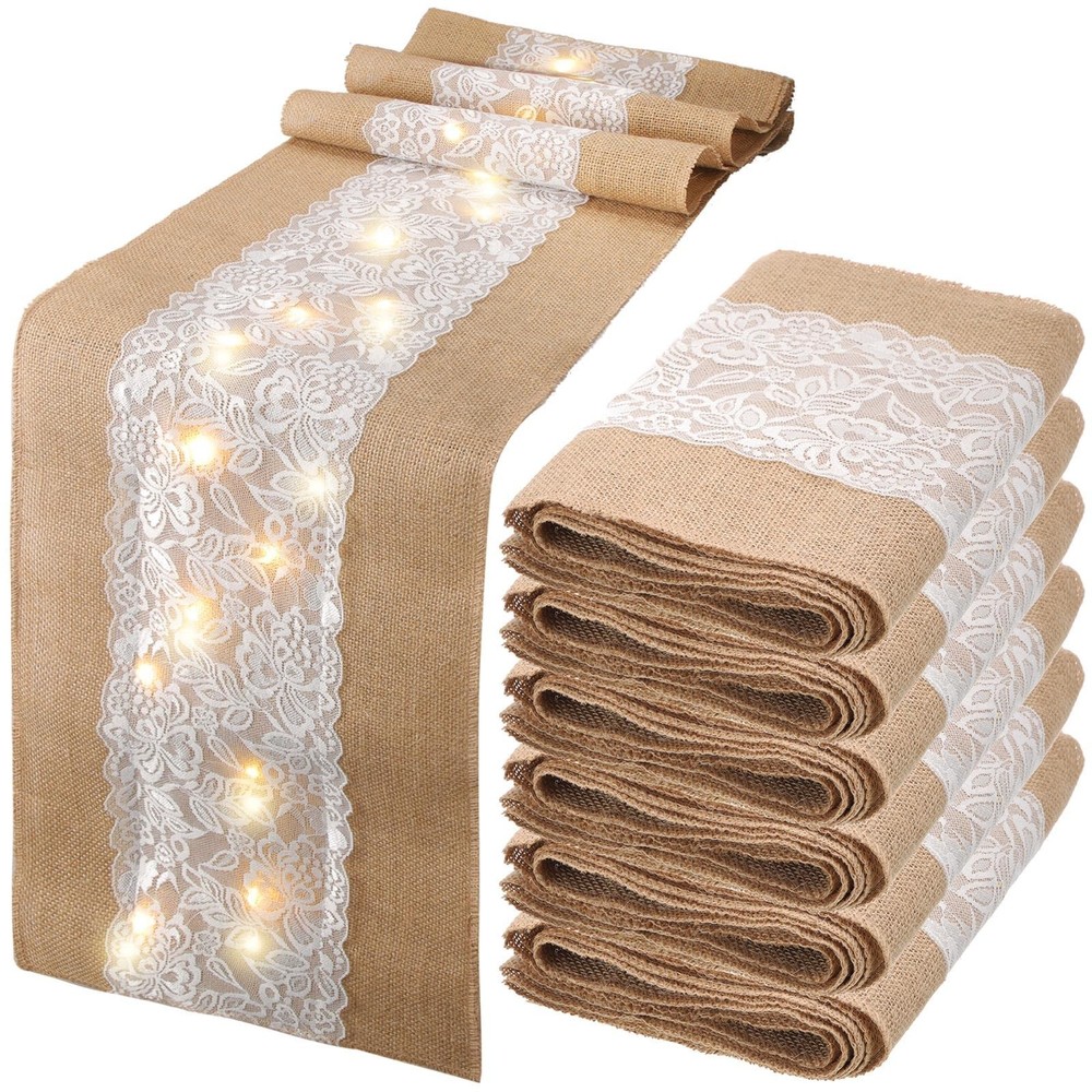 Xinnun 6 Pack Burlap Table Runner with LED String Lights, Modern Rustic Lace …