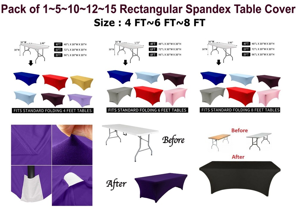 4/6/8 FT Spandex Fitted Table Covers Stretch Rectangular Tablecloths – FREE SHIP