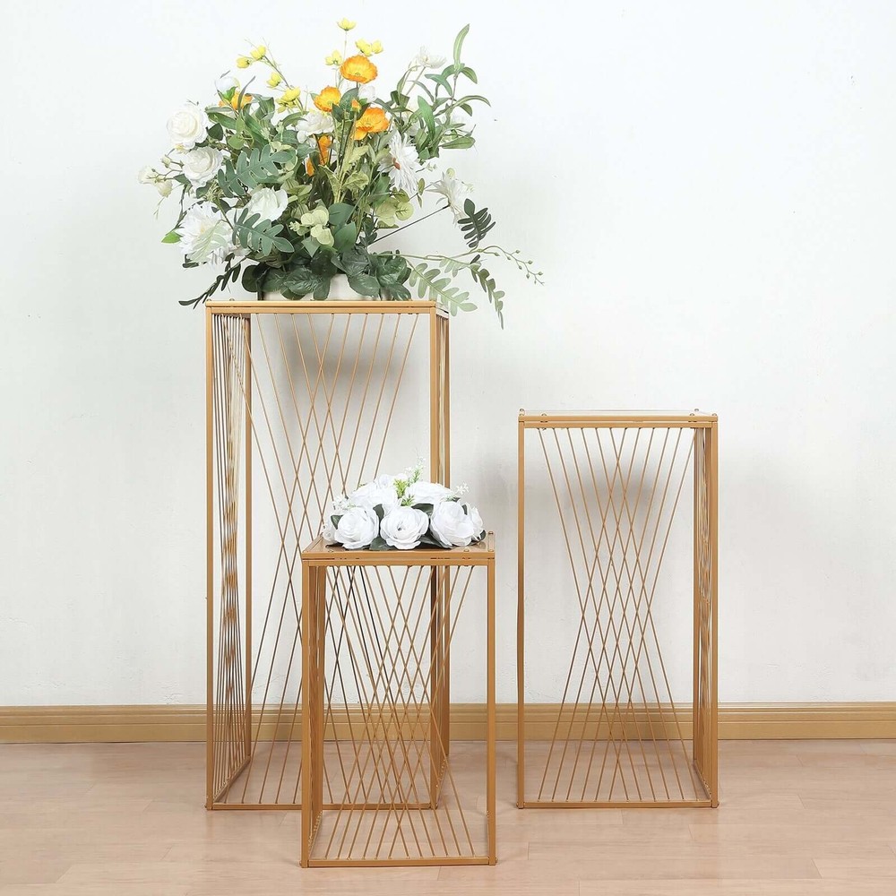 3 GOLD Metal Pedestal STANDS Geometric Crossed Lines Pattern Party Decorations