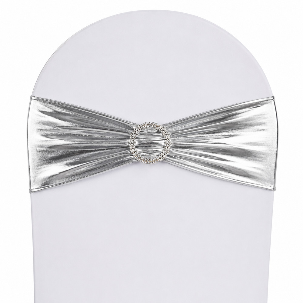 Spandex Chair Silver 30″ Metallic Stretch Sashes Rhinestone Decoration 150 Pcs