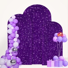 Set of 3 Purple Sequin Arch Covers – 7.2FT, 6.6FT, 6FT Stretchy Backdrop for Wed