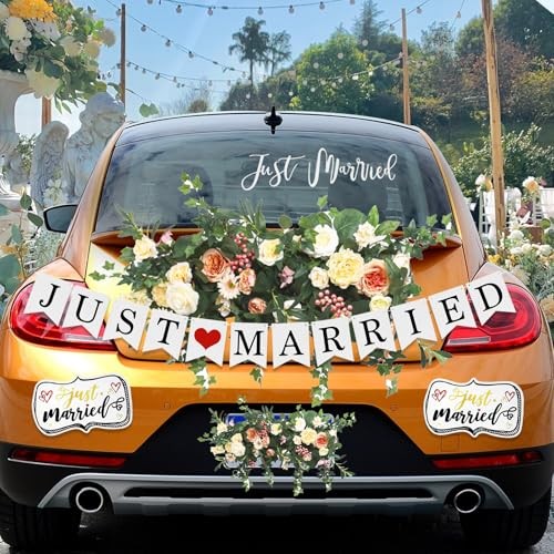 4Pcs Just Married Wedding Car Decorations Car Decor Kit with Large Ornate