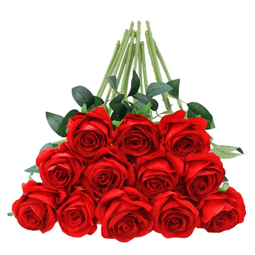 Tifuly 12 Pcs Red Roses Artificial Flowers,Realistic Long Stem Fake Silk Rose…