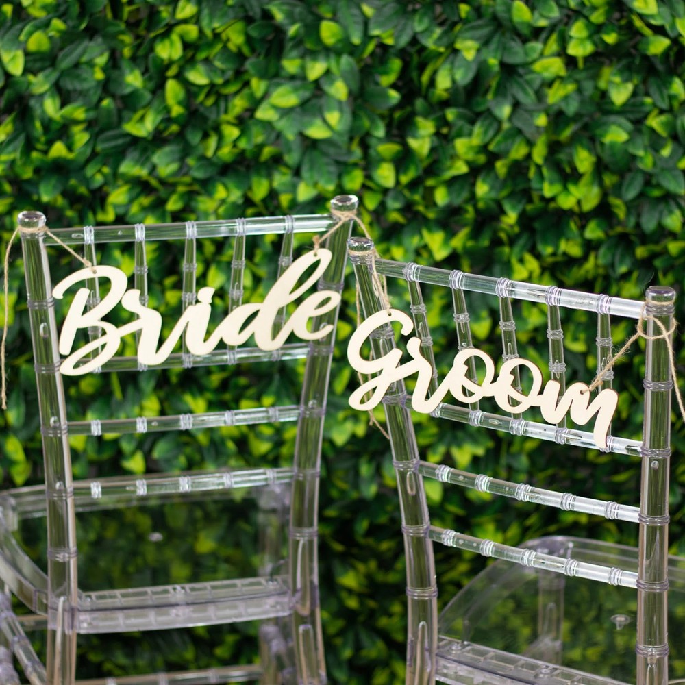 NATURAL 2 Wooden 12″ x 5″ Bride and Groom Chair Signs Wedding HANGING DECOR