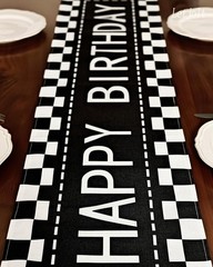Happy Birthday Table Runner Black and White Checkerboard Birthday Party Decor…