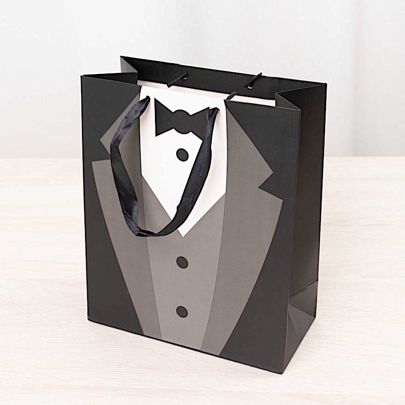 12 Black White Tuxedo Paper Gift Tote Bags Satin Handles Party Event Decorations