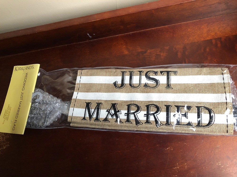 NEW Kirkland’s Just Married Rustic Burlap Embroidered Wedding Yard Flag