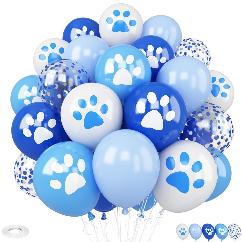 Dog Paw Balloons,25Pcs 12inch Blue and White Confetti Balloons with Paw Print…