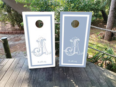 Custom Wedding Cornhole Wraps or Boards – Dusty Blue and White with Monogram