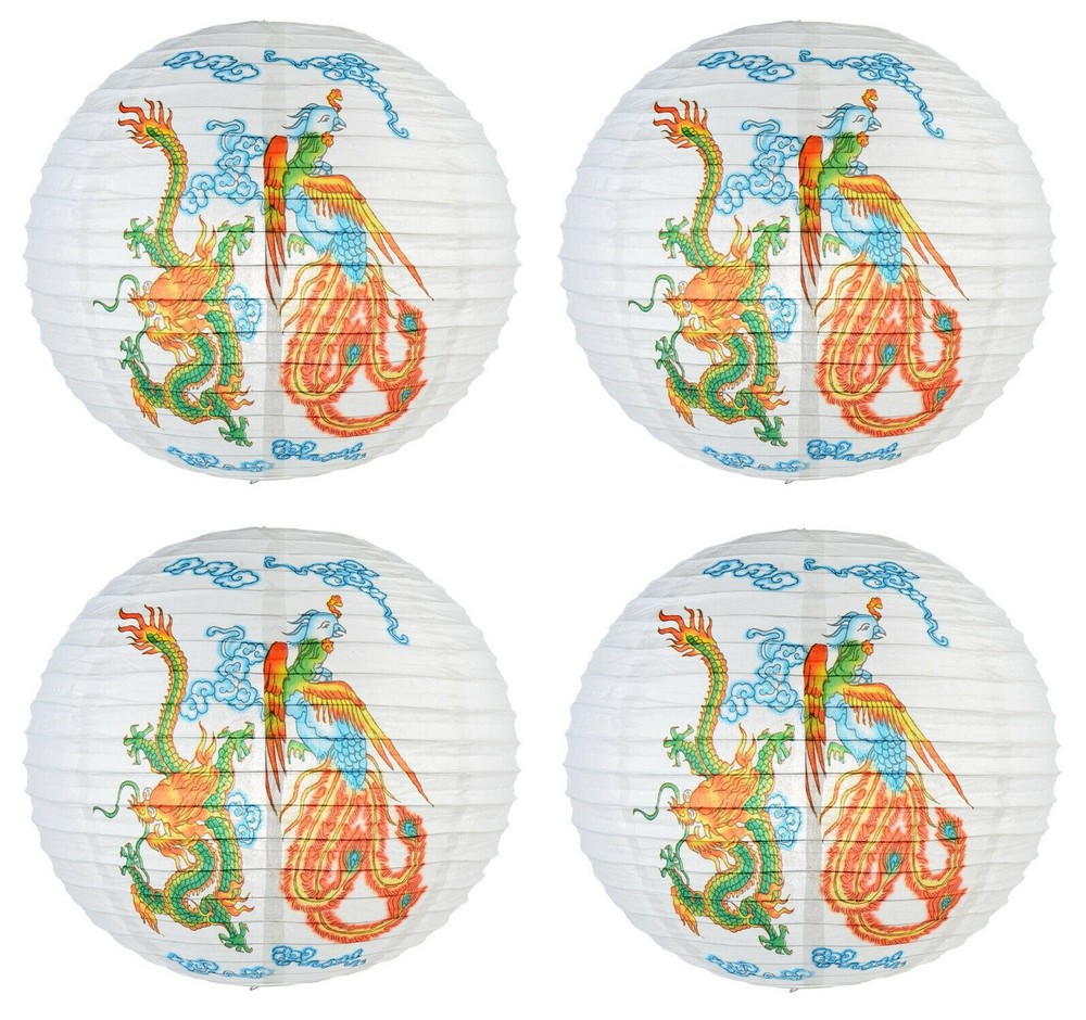SET of 4 Chinese 16″ Round Paper Lantern Dragon Phoenix Home Wedding Party Decor