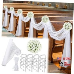 34 Pcs Church Pew Wedding Decorations Fabric Tulle Silk Flower Pew Clips White