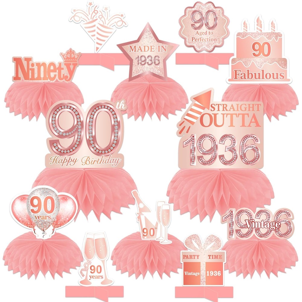 Happy 90th Birthday Rose Gold Table Honeycomb Centerpieces Balloons Theme Dec…