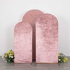 3 DUSTY ROSE Crushed Velvet Round Top Wedding Arch Backdrop STAND COVERS Set