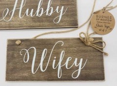 Set of 2 Burnes of Boston Wedding Chair Signs Wall Decor Hubby Wifey Bride Groom