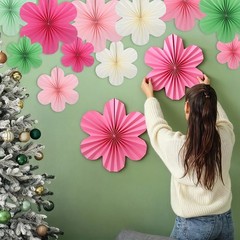 Party Hanging Paper Flowers Fans Garland Set, Grass Green/Green/Beige