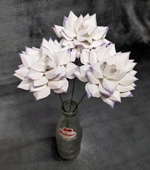 3 Handmade Paper Flowers on stems (White w/Purple tips) for Wedding, Valentine’s